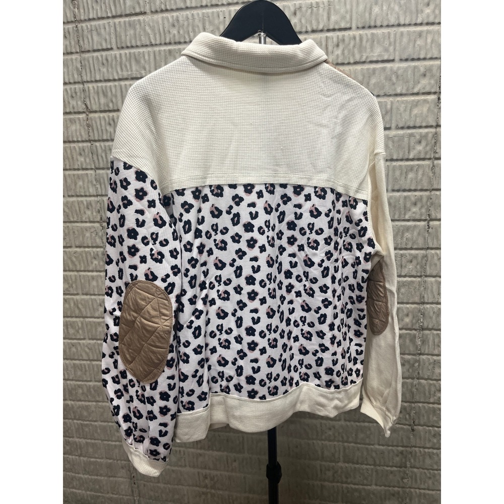 Patchwork Leopard Print Quilted Jacket Women Size M Collar Button Front Pockets - Picture 2 of 3